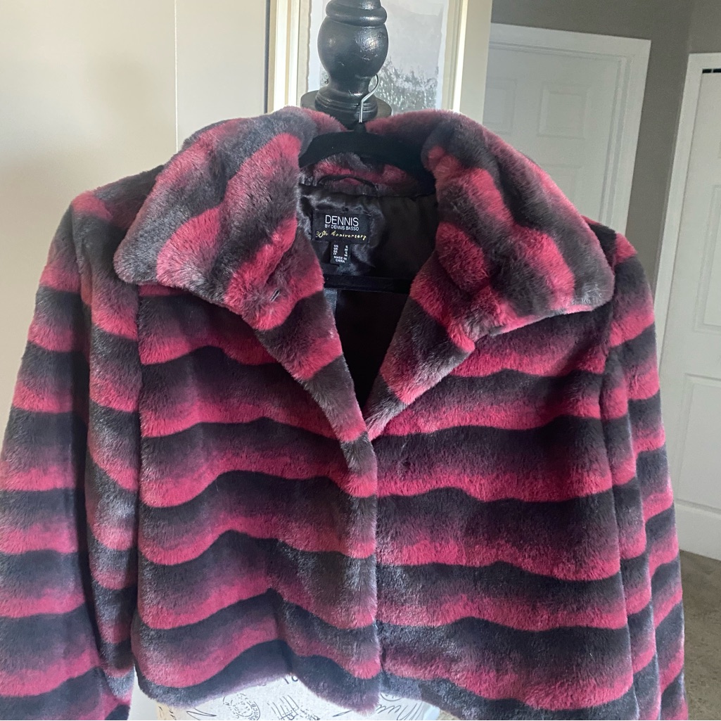 Dennis Basso Limited Edition Faux Fur Cropped Jacket In Fushia And Black Stripes